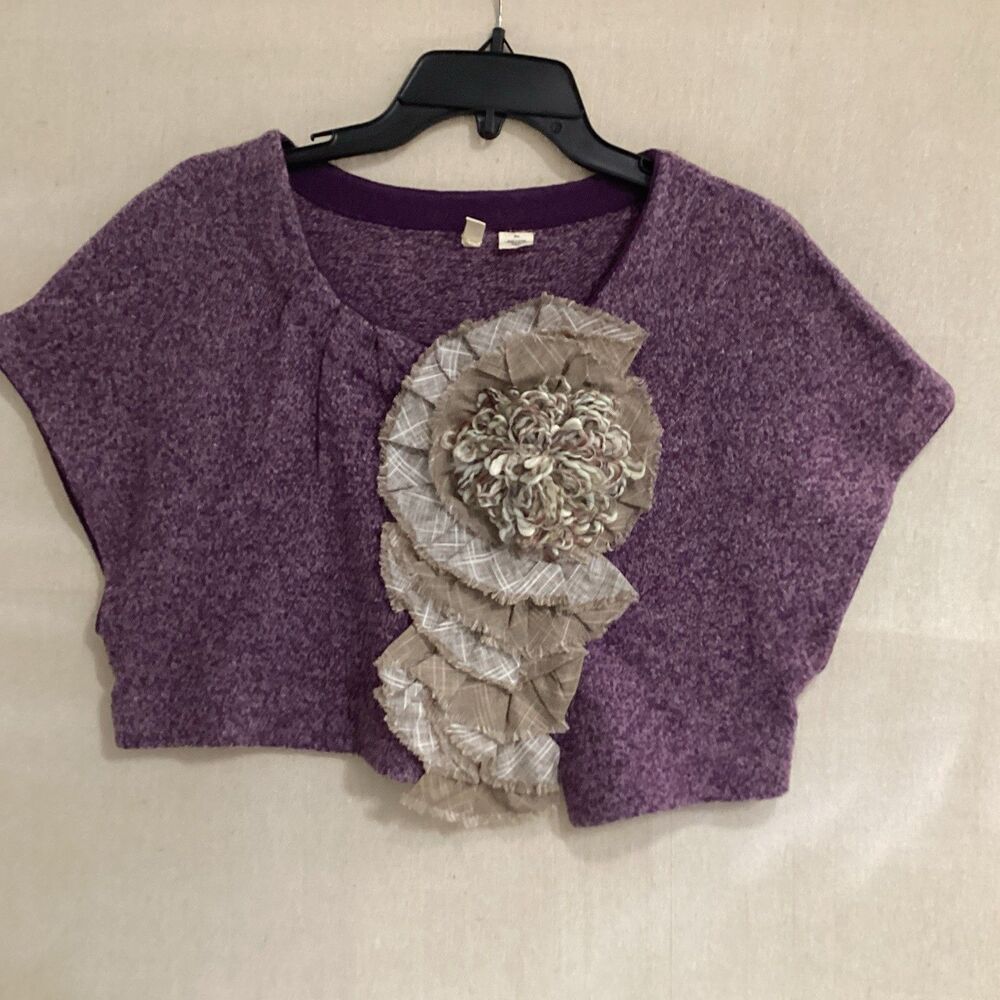 moth anthropologie sweater M/L purple pleated flower wool capelet retro vest